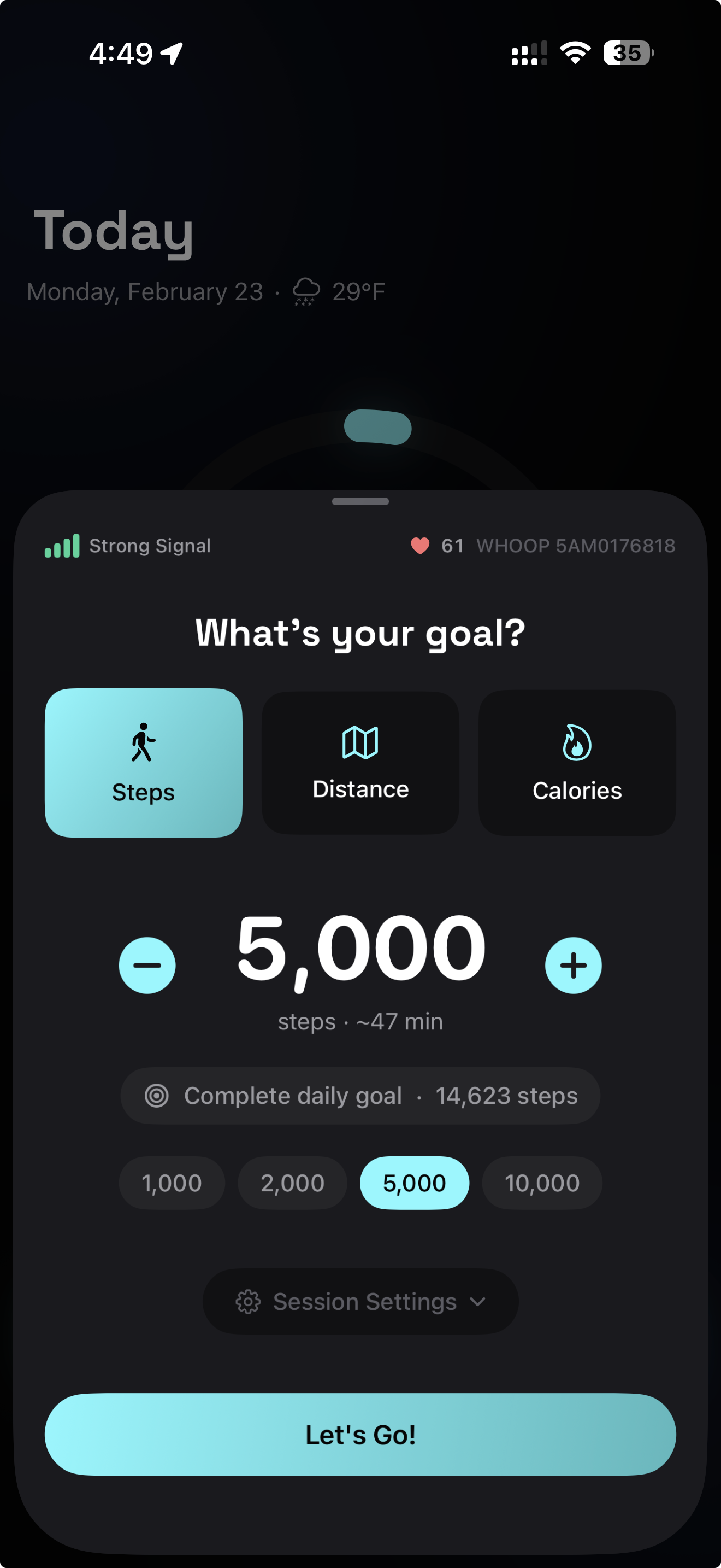 Pre-session screen showing the 3-tier layout with HR status, goal picker, and session settings