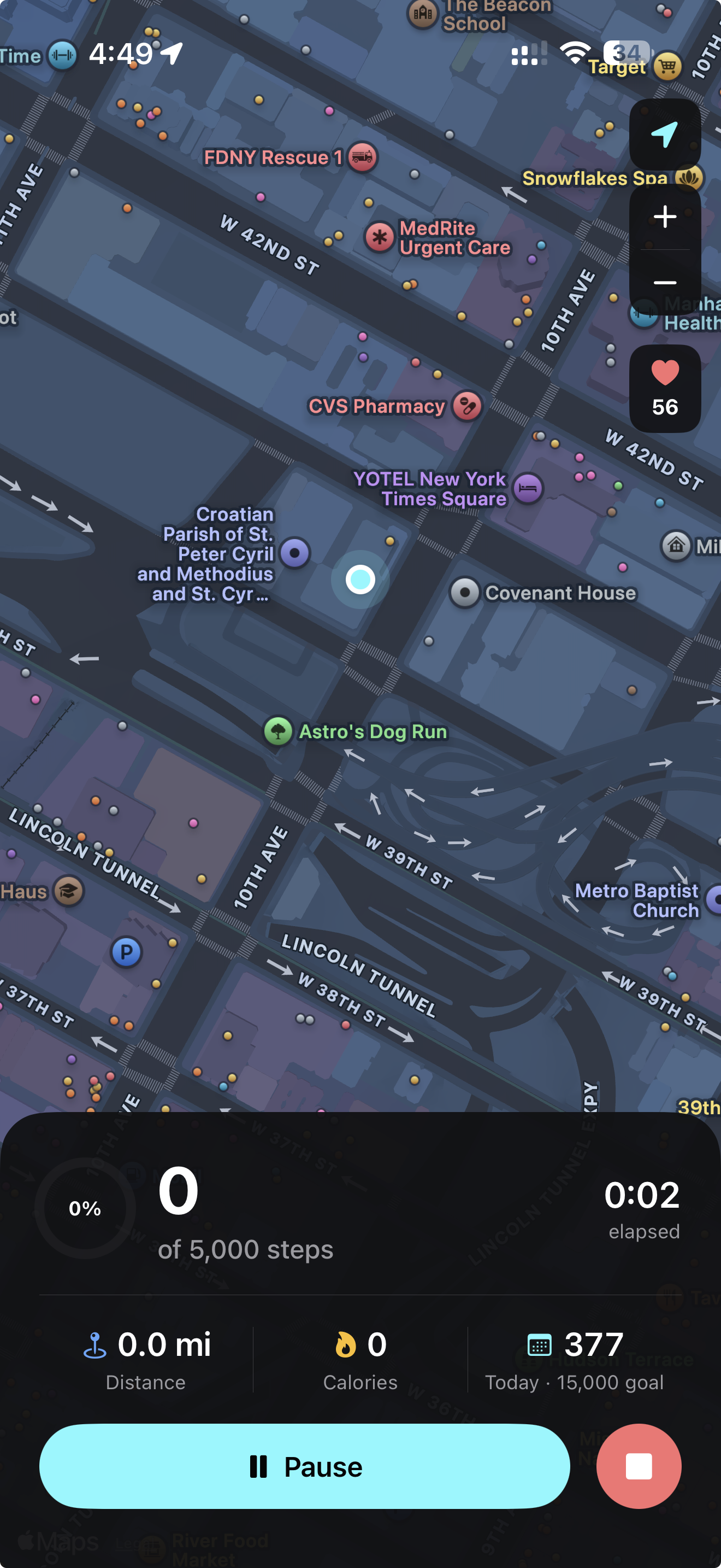 Active walking session with live BPM floating overlay on the map