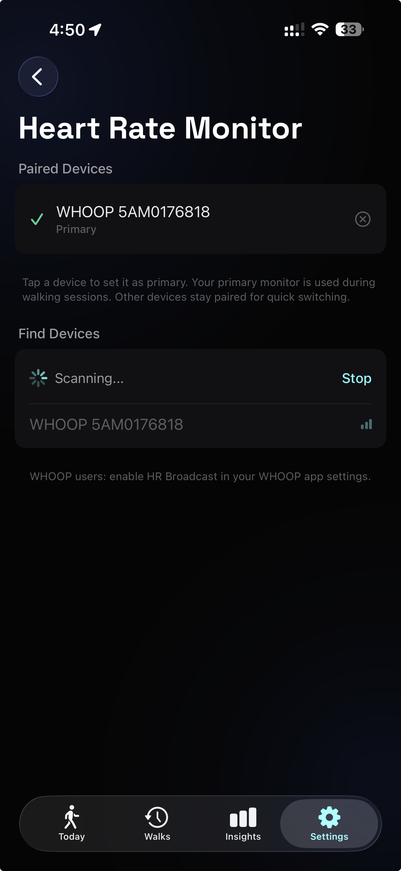 Heart Rate Monitor settings screen showing a paired WHOOP device and BLE scan results