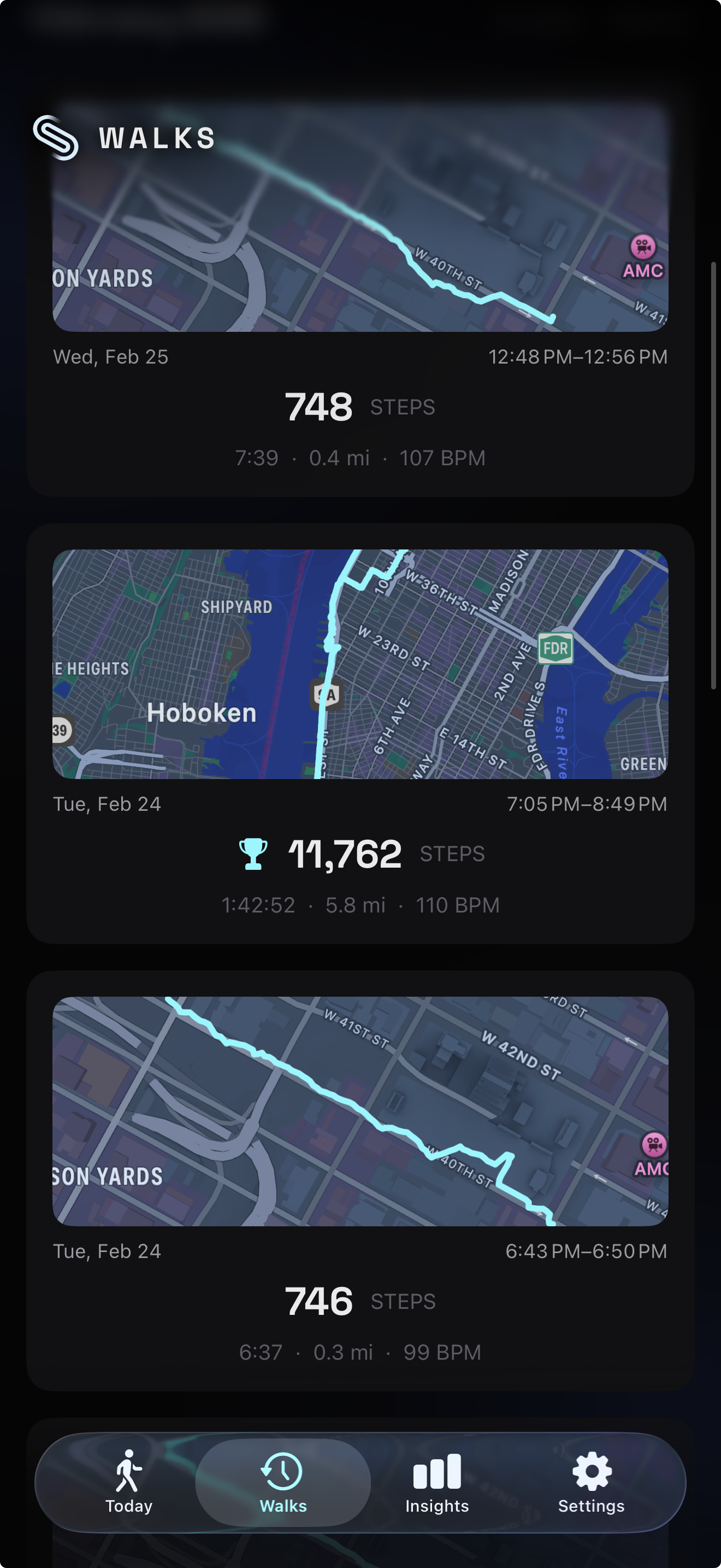 Content scrolling behind the blurred header, showing chart bars and map tiles fading smoothly into the blur zone