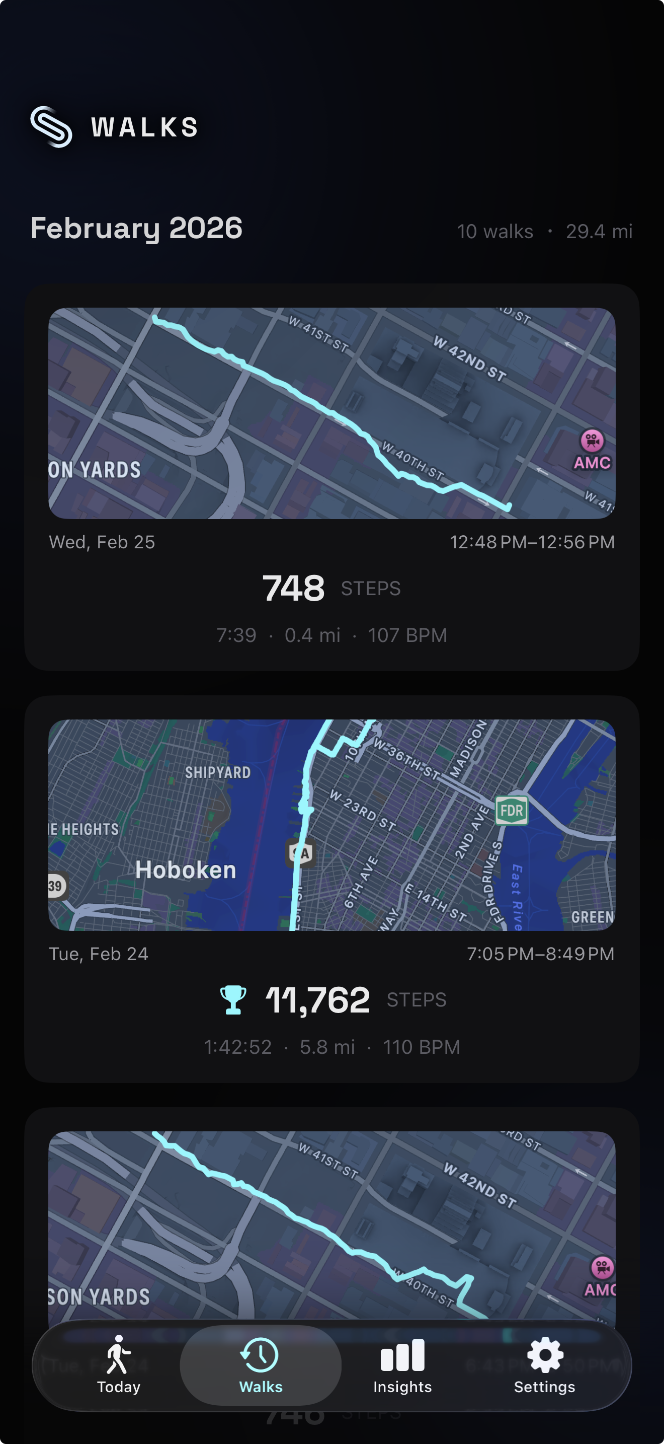 Walks tab with AppHeader showing logo and title