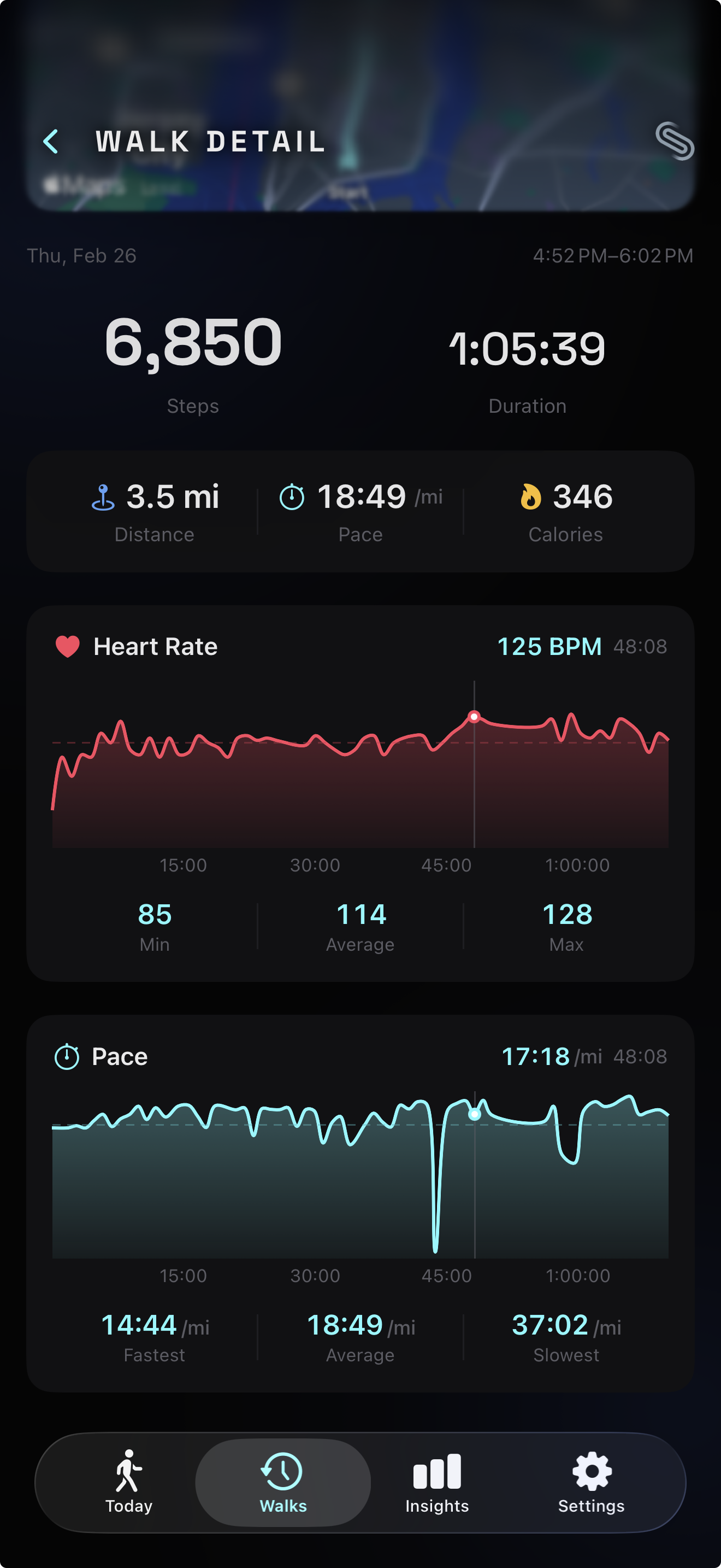 Walk detail showing the heart rate and pace charts with synced scrubbers at the same elapsed time