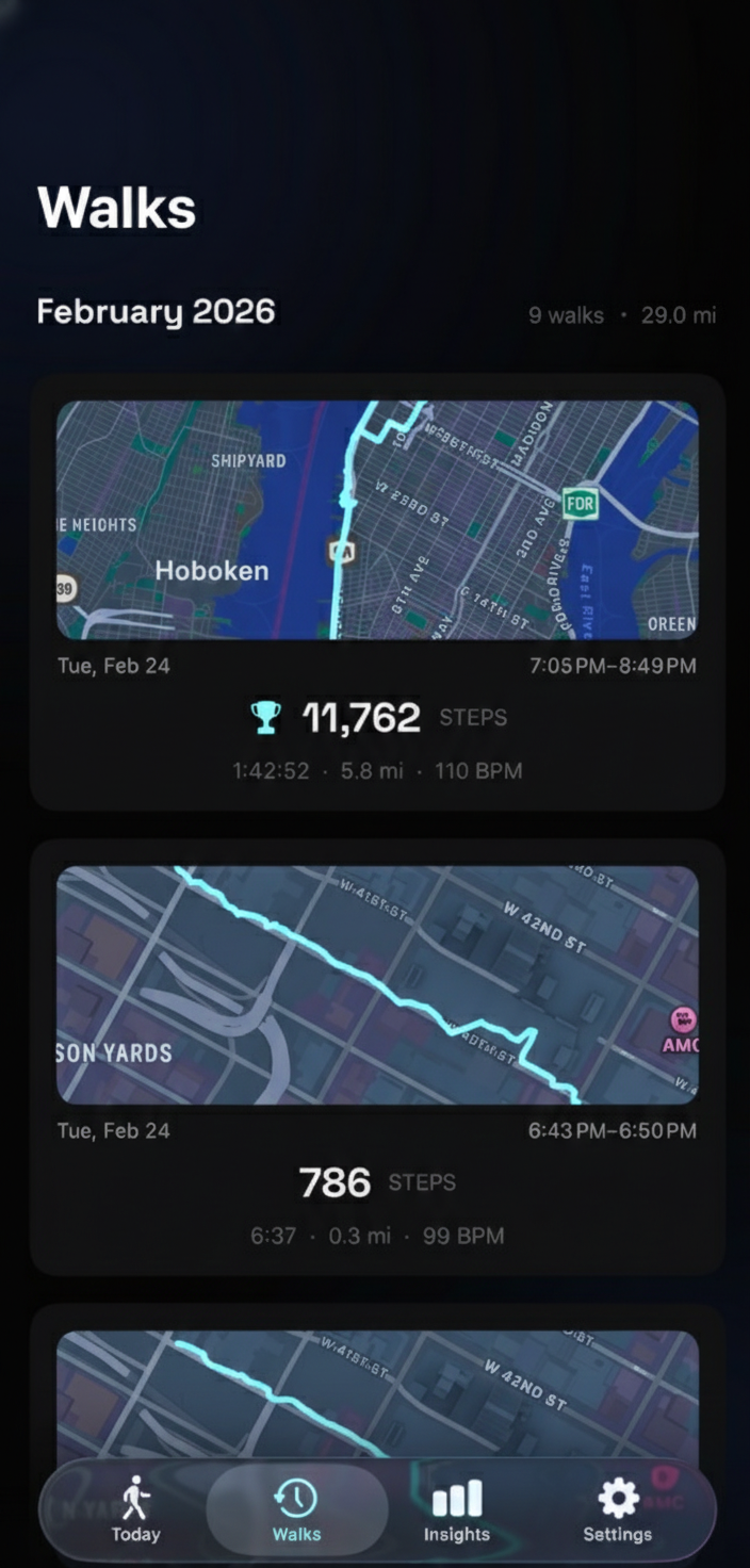 Walk history showing compact cards with route snapshots, hero step counts, and secondary stat lines